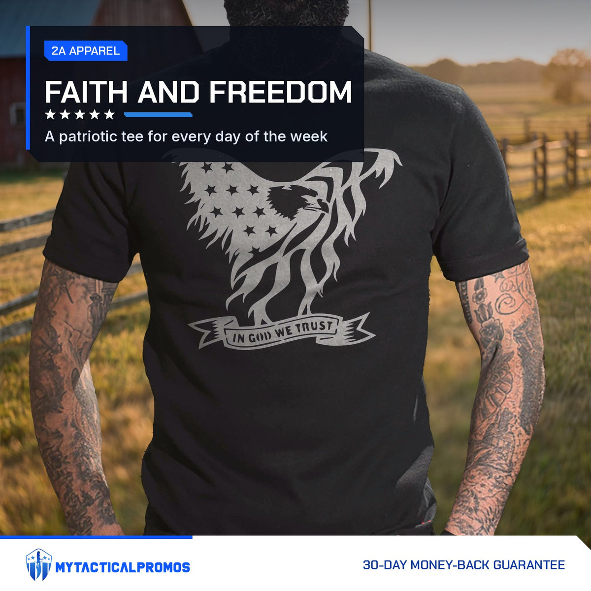 Eagle In God We Trust T-Shirt worn by a ranch fence at golden hour