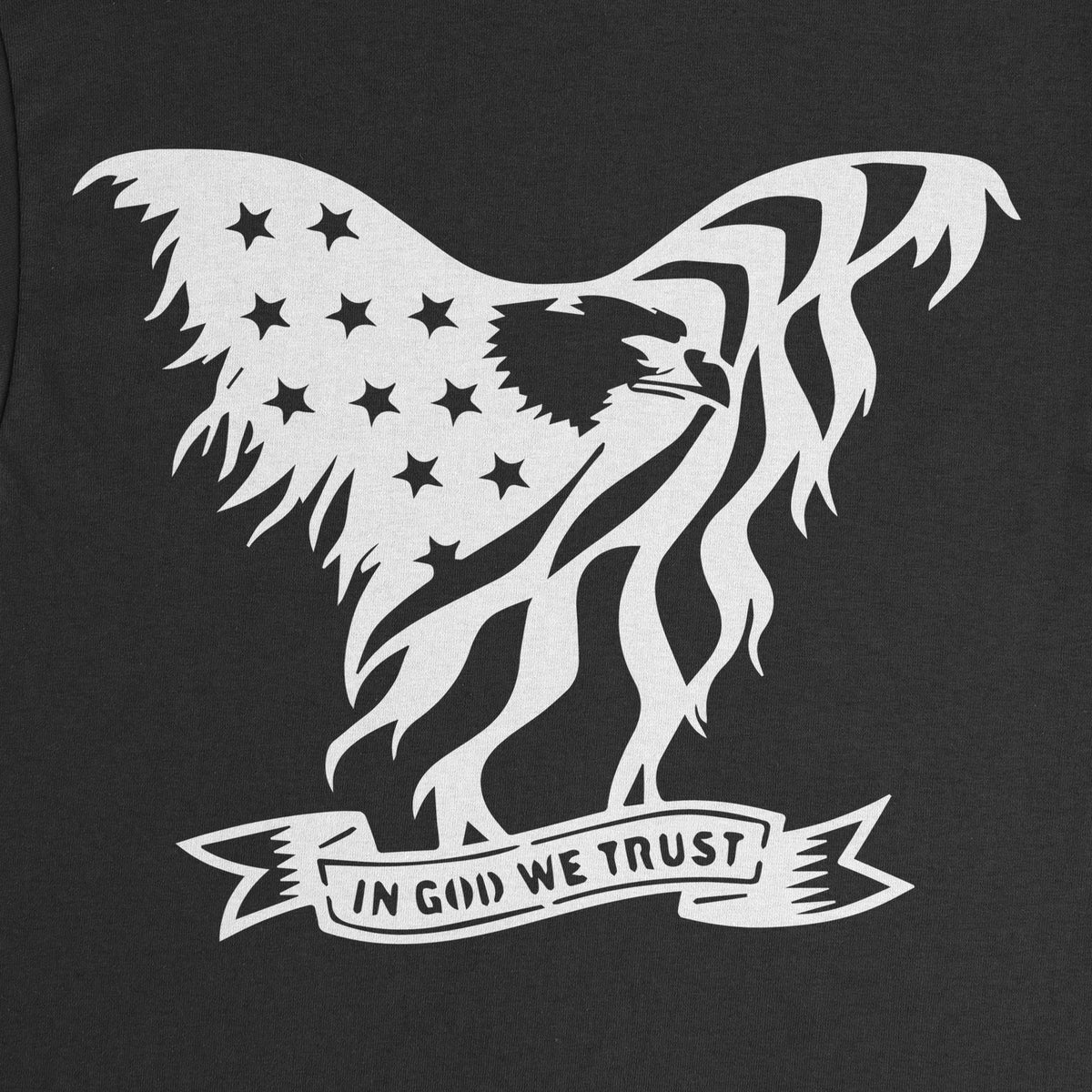 Eagle In God We Trust T-Shirt close-up of the flag-wing eagle and In God We Trust banner print