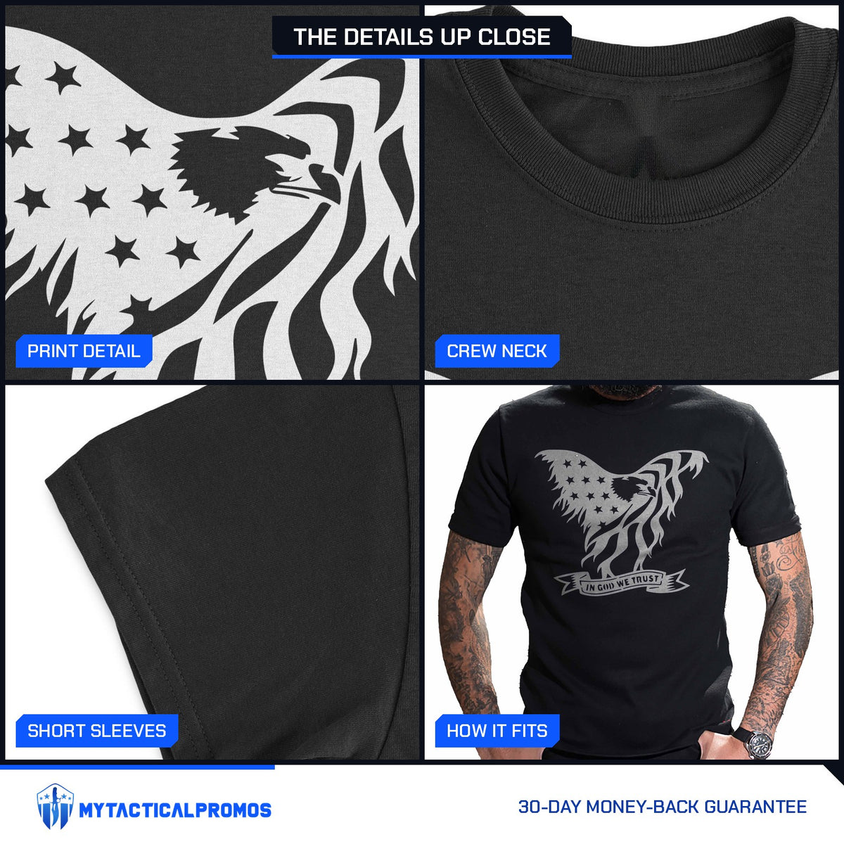 Eagle In God We Trust T-Shirt close-ups: print detail, crew neck collar, short sleeve, and how it fits