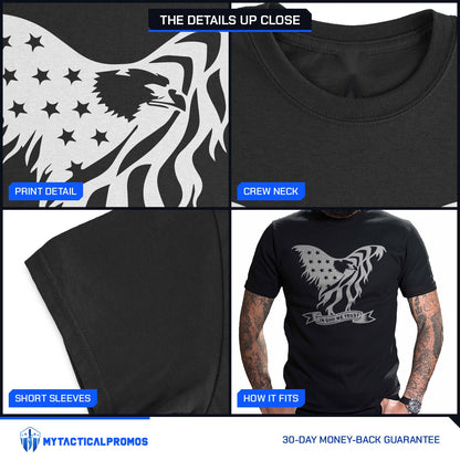 Eagle In God We Trust T-Shirt close-ups: print detail, crew neck collar, short sleeve, and how it fits