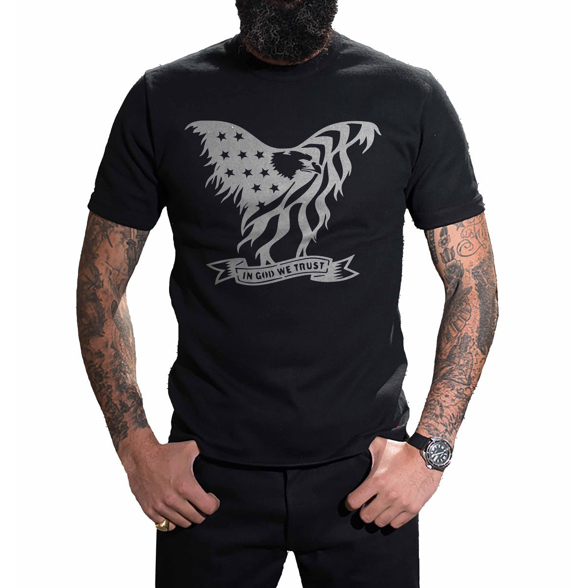 Eagle In God We Trust T-Shirt worn, front view on a plain white background