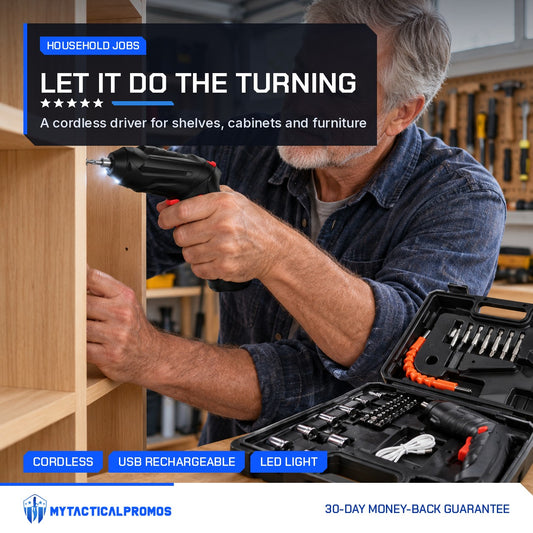 Cordless Electric Screwdriver Set in use assembling a wooden shelf