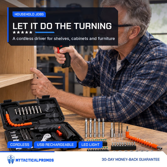 Man using the Cordless Electric Screwdriver to install a bookshelf, case open on the bench