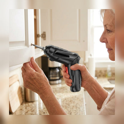 Woman tightening a kitchen cabinet hinge with the Cordless Electric Screwdriver