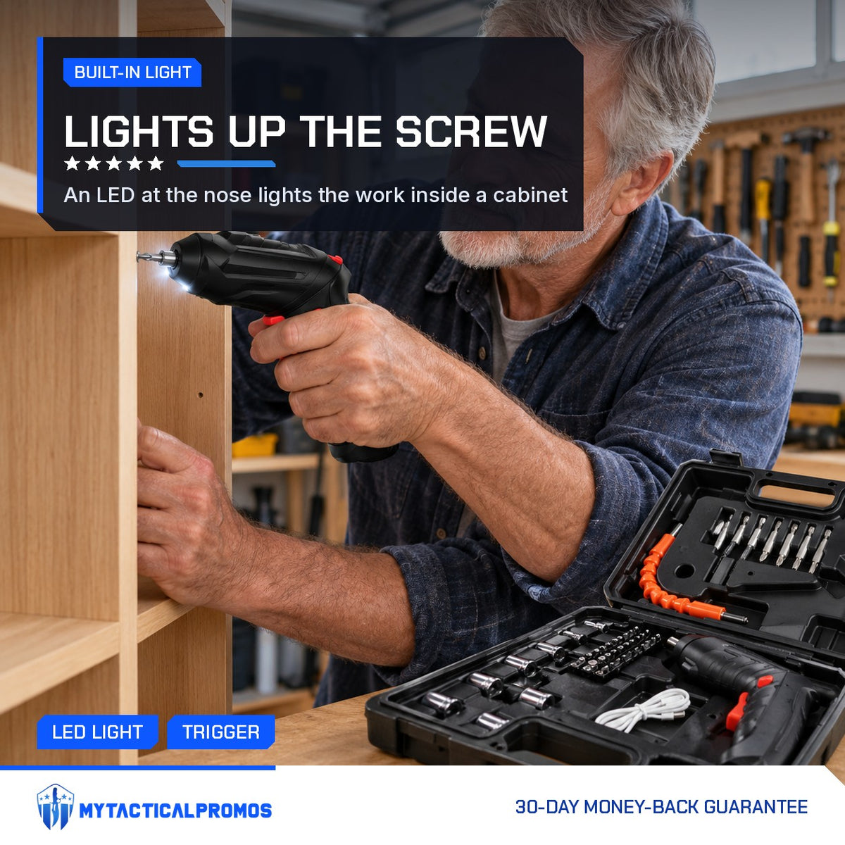 Cordless Electric Screwdriver with its LED lit while driving a shelf screw