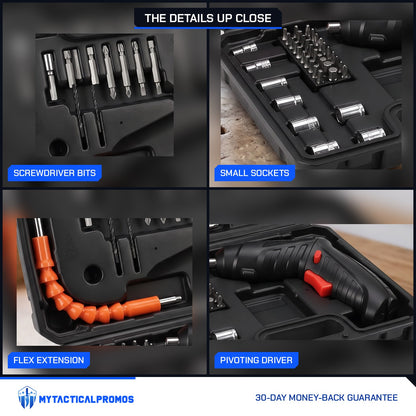 Cordless Electric Screwdriver set close-ups: screwdriver bits, small sockets, flex extension, pivoting driver