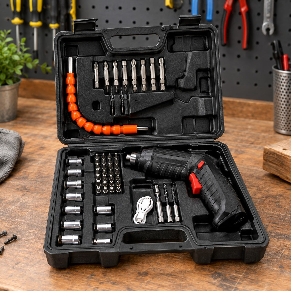 Cordless Electric Screwdriver Set hard case open with driver, bits, sockets and flex extension