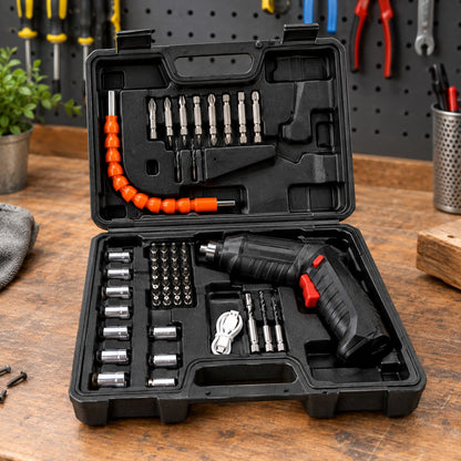 Cordless Electric Screwdriver Set hard case open with driver, bits, sockets and flex extension