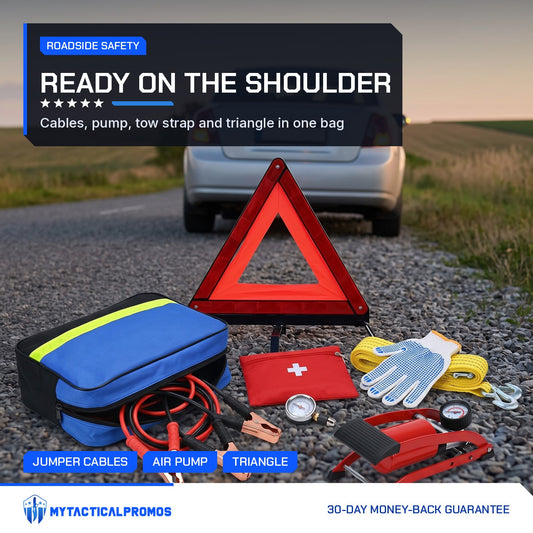 Emergency Car Kit with warning triangle set out behind a car on a road shoulder