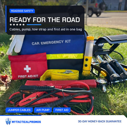 Emergency Car Kit laid out on the grass: zip bag, first aid pouch, jumper cables, foot pump and hammer flashlight