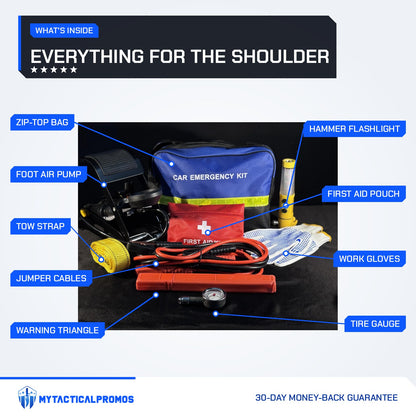 Emergency Car Kit contents labeled: zip-top bag, foot air pump, tow strap, jumper cables, warning triangle, hammer flashlight, first aid pouch, work gloves, tire gauge