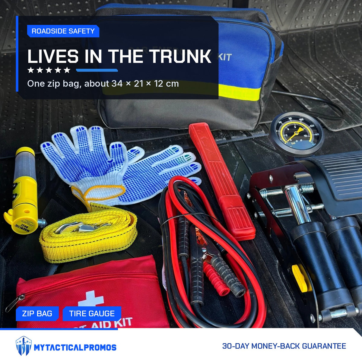Emergency Car Kit bag and tools spread out in a vehicle trunk