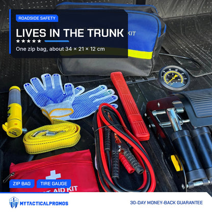 Emergency Car Kit bag and tools spread out in a vehicle trunk