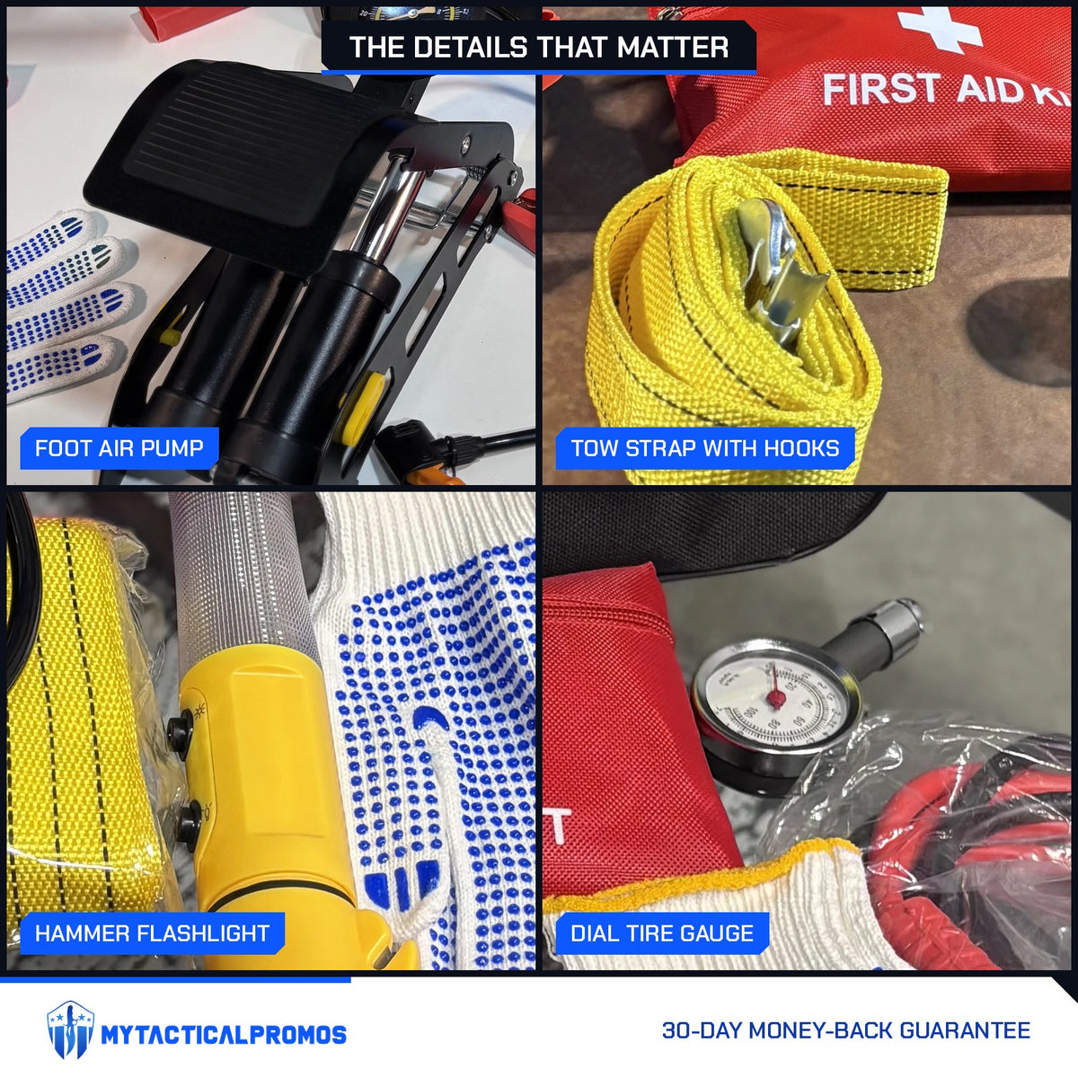 Emergency Car Kit close-ups: foot air pump, tow strap with hooks, hammer flashlight, dial tire gauge
