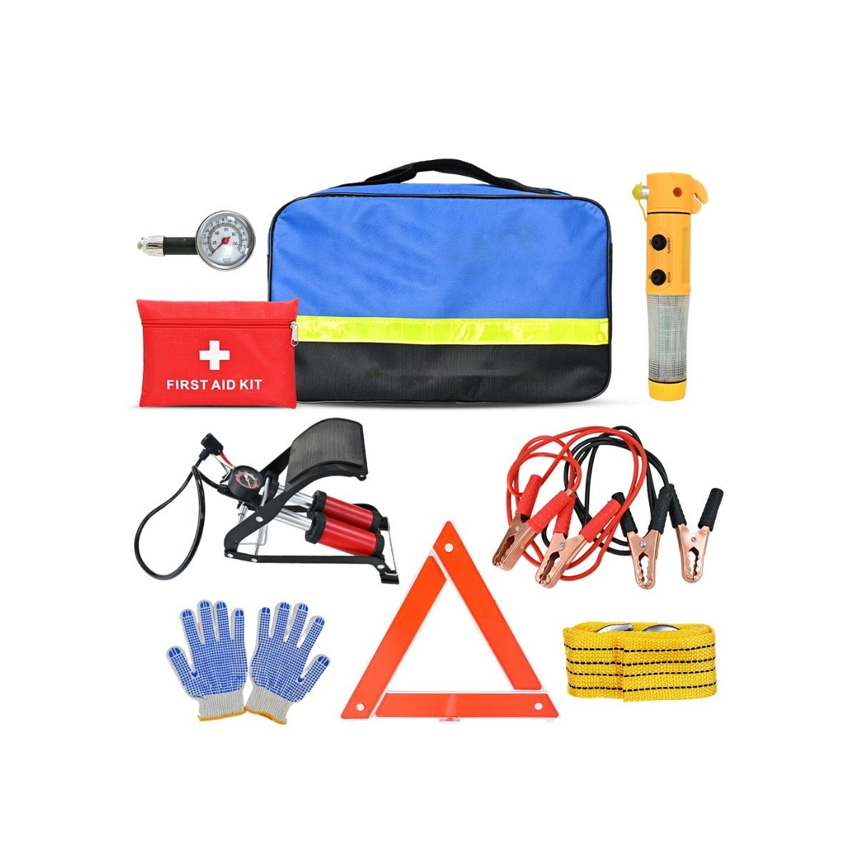 Emergency Car Kit full contents on white: bag, first aid pouch, hammer flashlight, foot pump, jumper cables, gloves, triangle, tow strap, gauge