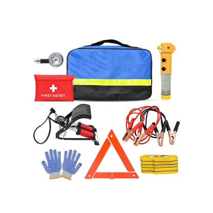 Emergency Car Kit full contents on white: bag, first aid pouch, hammer flashlight, foot pump, jumper cables, gloves, triangle, tow strap, gauge