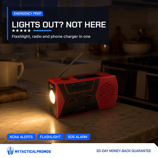 Emergency Radio lighting a dark kitchen during a power outage