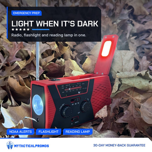 Emergency Radio with flip-up lamp lit, sitting in fall leaves
