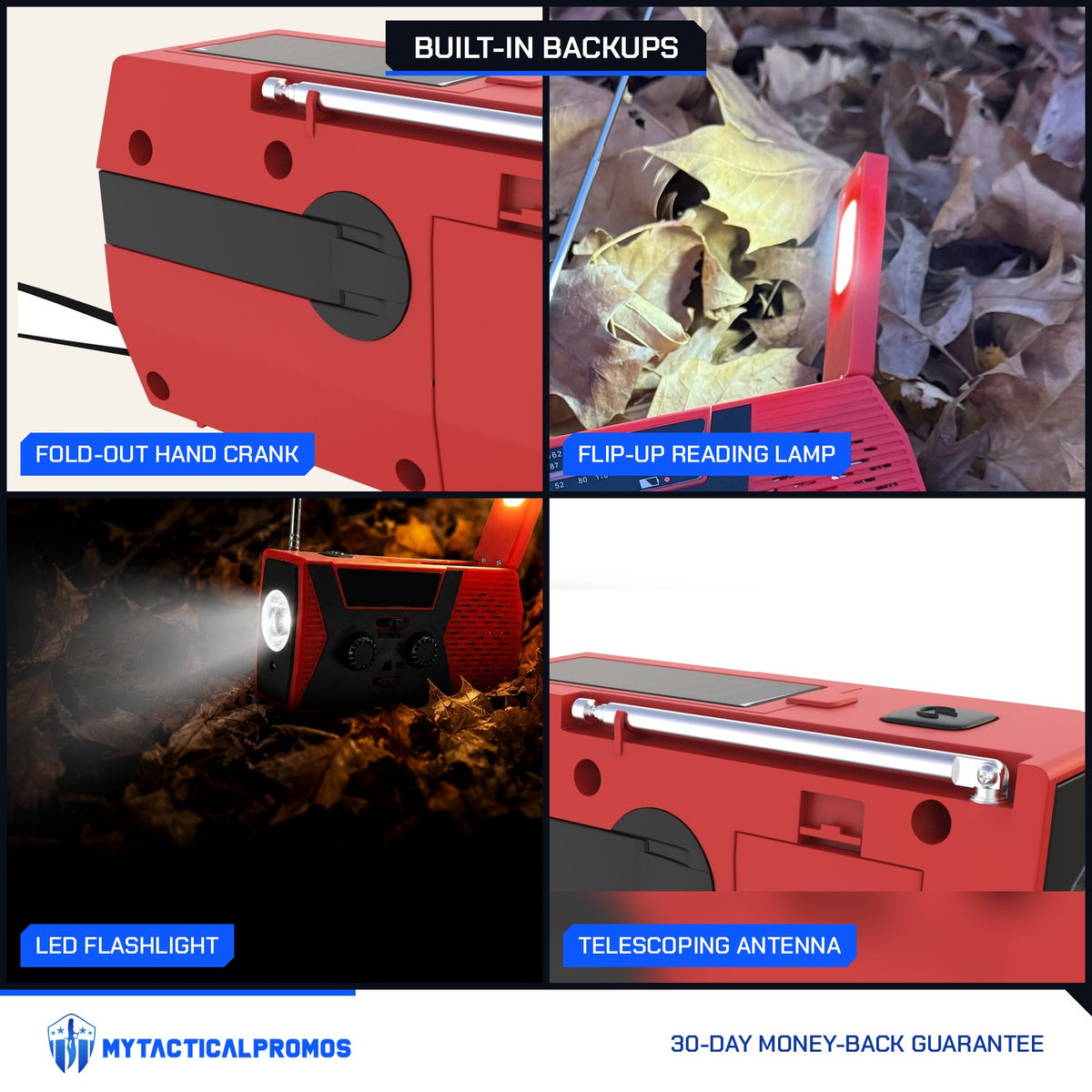 Emergency Radio close-ups: fold-out hand crank, flip-up reading lamp, LED flashlight, telescoping antenna