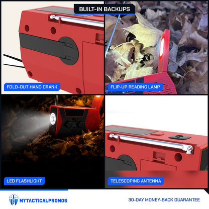 Emergency Radio close-ups: fold-out hand crank, flip-up reading lamp, LED flashlight, telescoping antenna