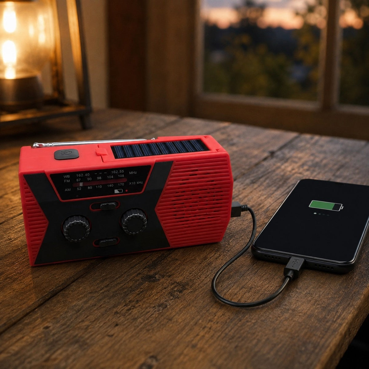 Emergency Radio charging a phone by USB cable on a wooden table