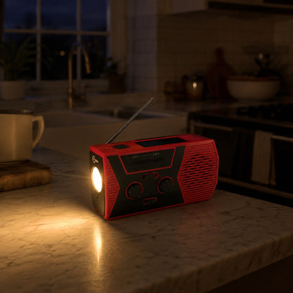 Emergency Radio flashlight on in a dark kitchen during a power outage