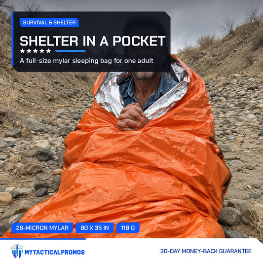 Emergency Sleeping Bag wrapped around a hiker on a rocky trail