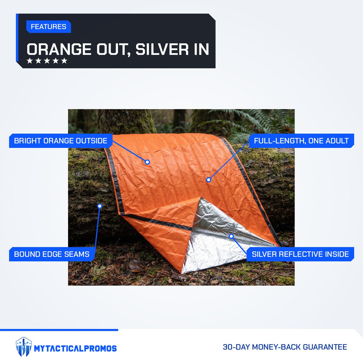 Emergency Sleeping Bag features labeled: bright orange outside, bound edge seams, full-length for one adult, silver reflective inside
