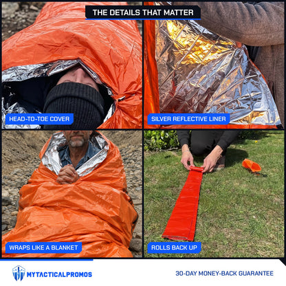 Emergency Sleeping Bag close-ups: head-to-toe cover, silver reflective liner, wraps like a blanket, rolls back up