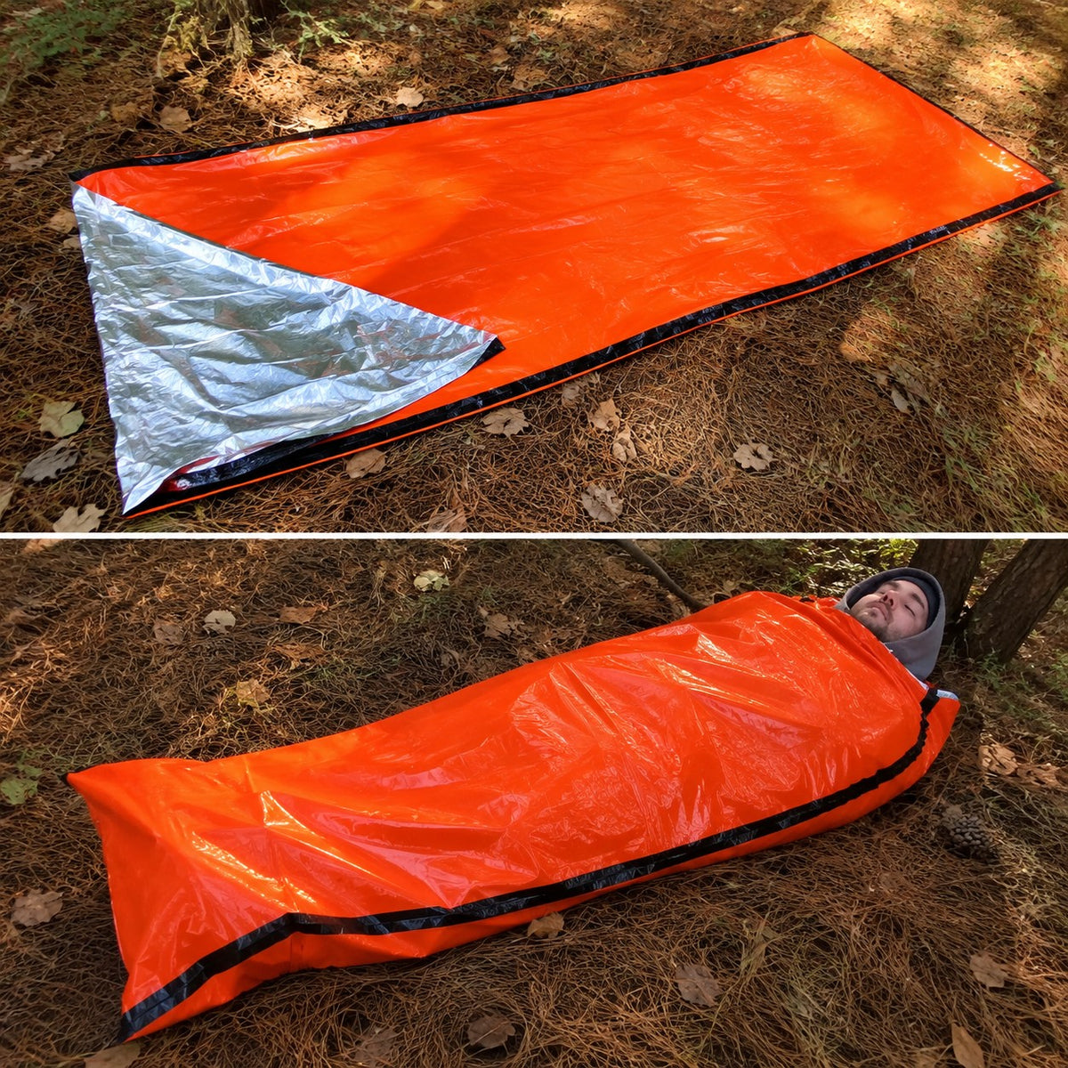 Emergency Sleeping Bag laid flat and with a person inside to show the full length