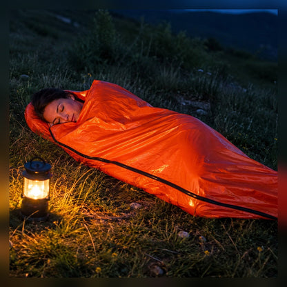 Woman resting in the Emergency Sleeping Bag on the grass by a lantern at night