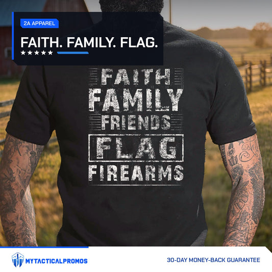 Faith Family Friends Flag Firearms T-Shirt worn by a man in front of a ranch fence at sunset