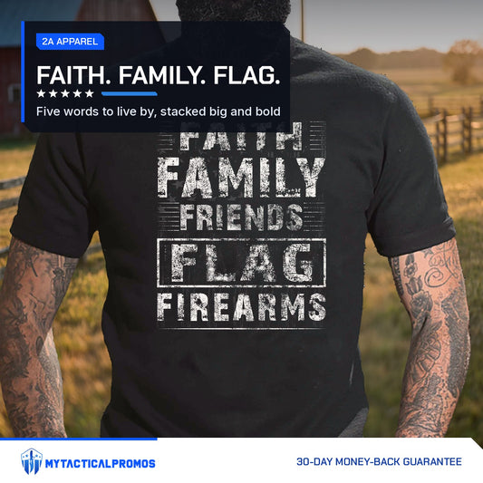 Faith Family Friends Flag Firearms T-Shirt worn by a man by a ranch fence at golden hour