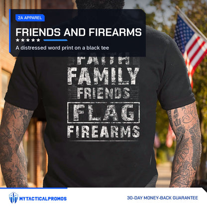 Faith Family Friends Flag Firearms T-Shirt worn on a flag-lined main street