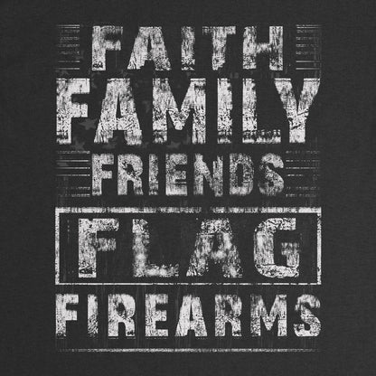 Faith Family Friends Flag Firearms T-Shirt close-up of the Faith Family Friends Flag Firearms word print