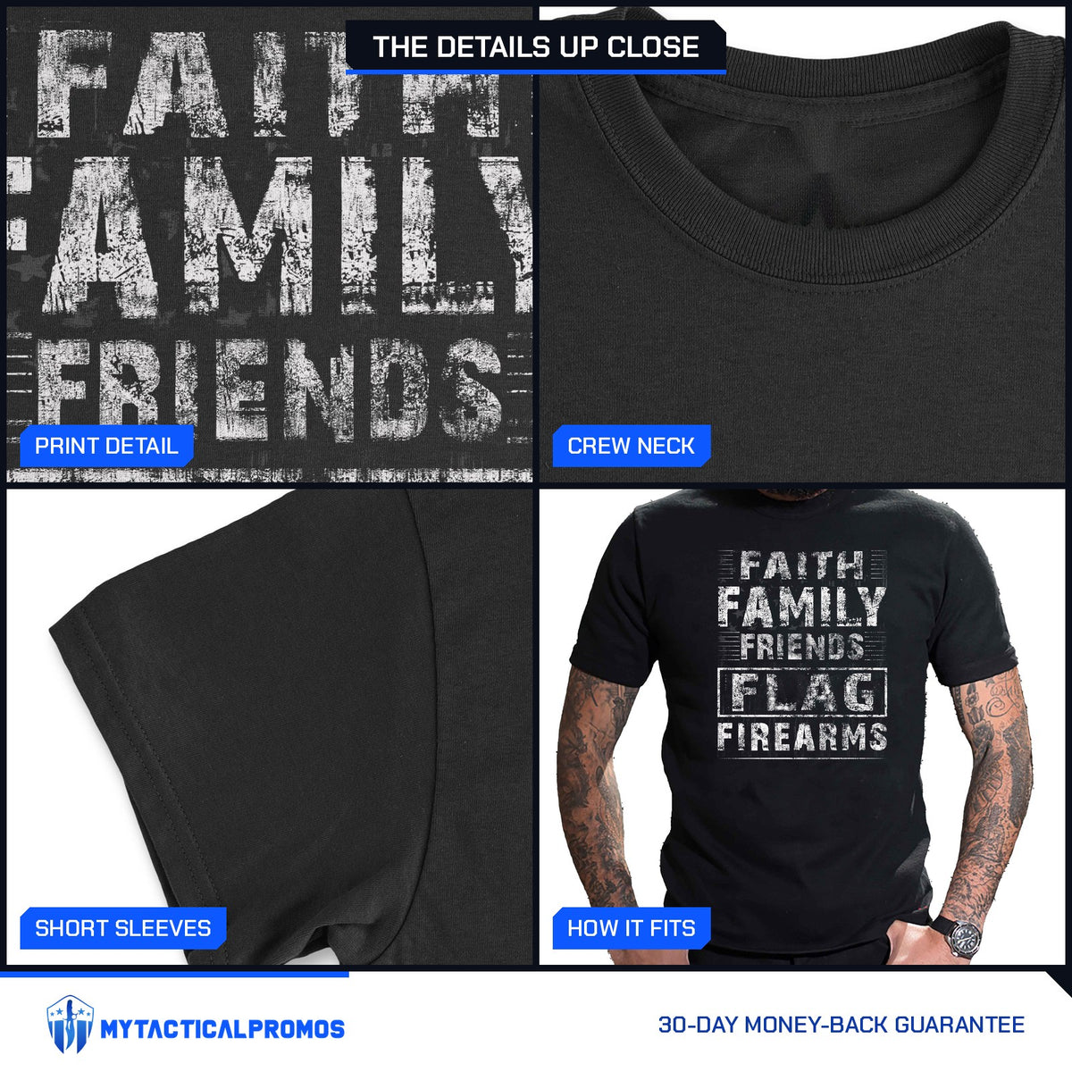 Faith Family Friends Flag Firearms T-Shirt close-ups: print detail, crew neck collar, short sleeve, and how it fits