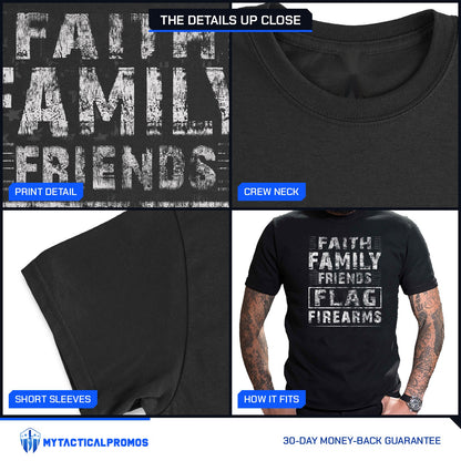 Faith Family Friends Flag Firearms T-Shirt close-ups: print detail, crew neck collar, short sleeve, and how it fits