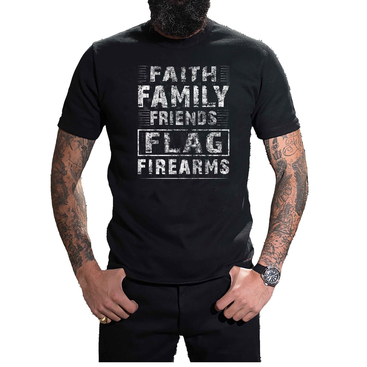 Faith Family Friends Flag Firearms T-Shirt worn, front view on a plain white background