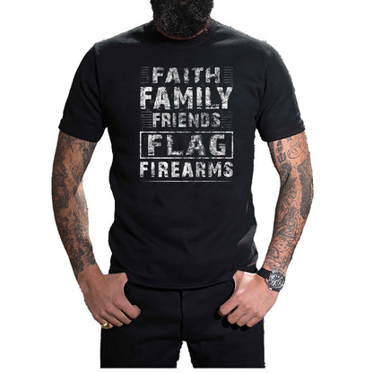 Faith Family Friends Flag Firearms T-Shirt worn, front view on a plain white background
