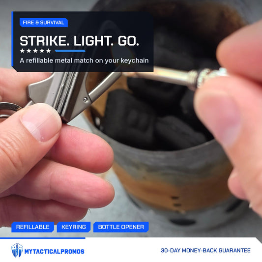 FireStrike keychain fire starter lit with a flame in hand