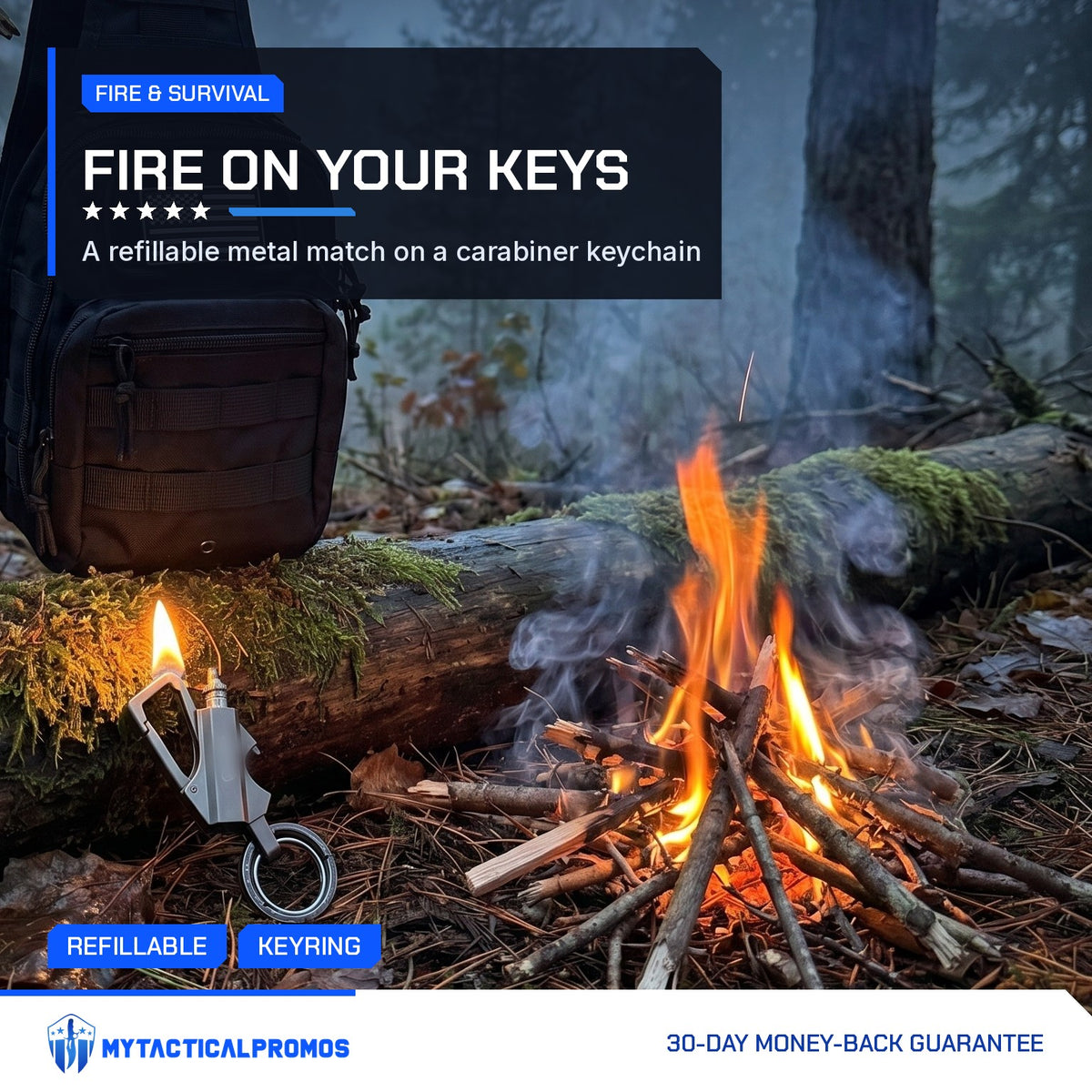 FireStrike keychain fire starter with its metal match lit beside a campfire in the woods