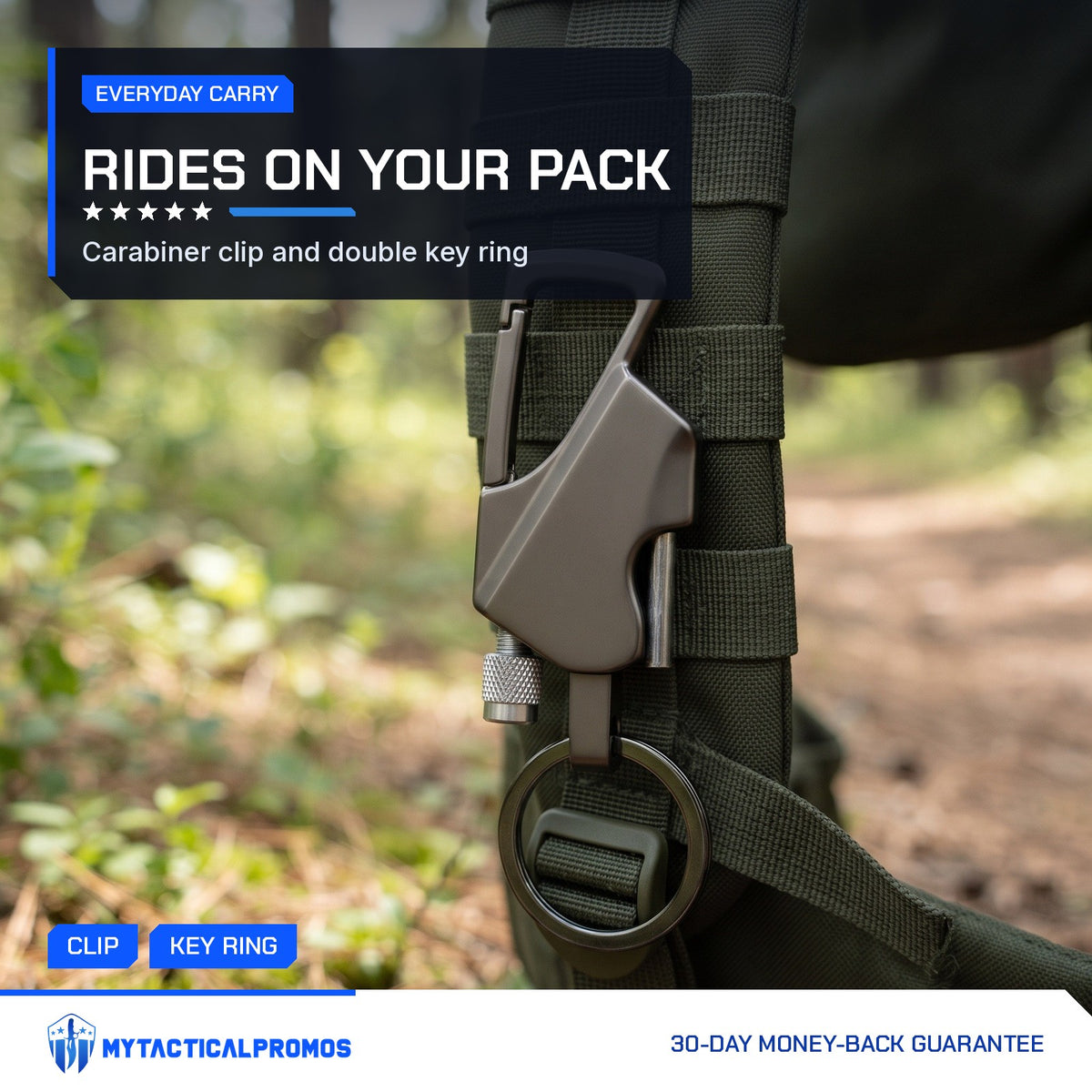 FireStrike carabiner clipped to a backpack strap on a forest trail
