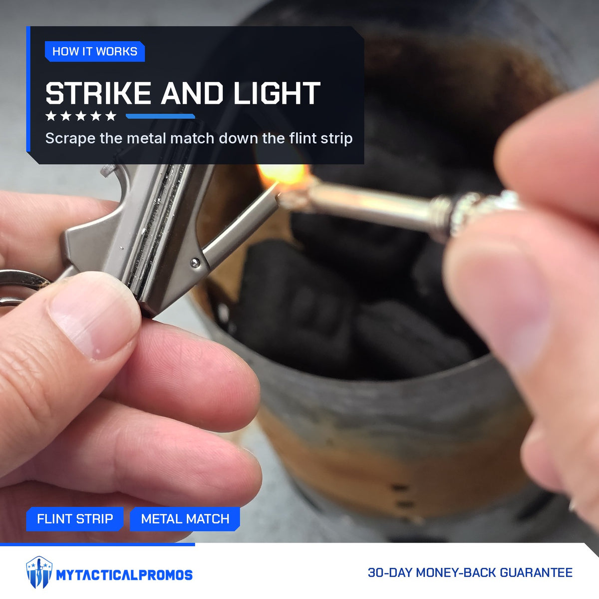 FireStrike metal match being struck and lit over a fire can