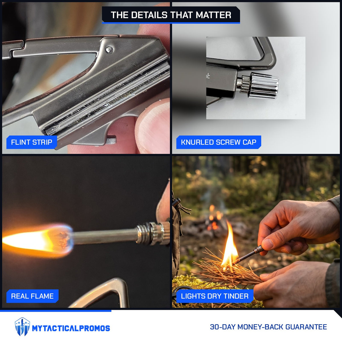 FireStrike close-ups: flint strip, knurled screw cap, a real flame on the match, lighting dry tinder