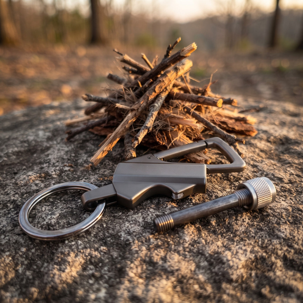 FireStrike body and metal match on a granite rock beside a stack of kindling