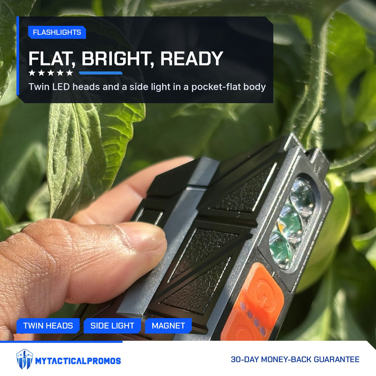 Flat Flashlight held in one hand among green leaves outdoors