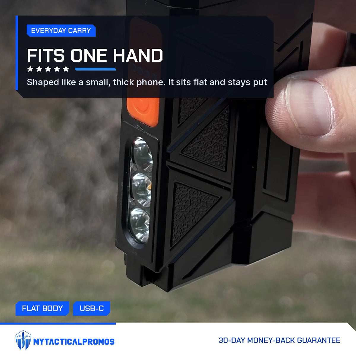 Flat Flashlight held in one hand outdoors showing the buttons and side LEDs