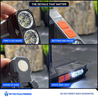 Flat Flashlight close-ups: twin 3-LED heads, dual buttons with gauge, magnetic base, white side light