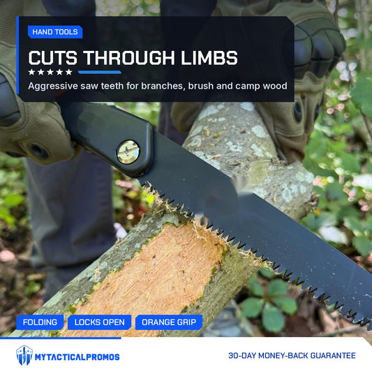 FoldSaw Pro folding saw cutting through a branch held in gloved hands