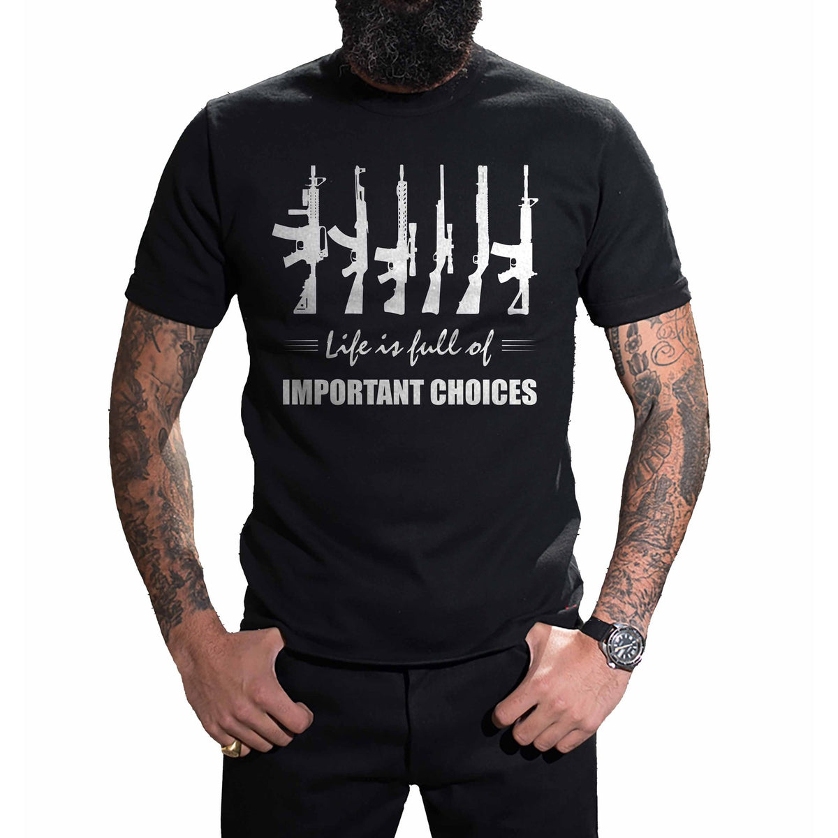 Life Is Full of Important Choices T-Shirt worn, front view on a plain white background
